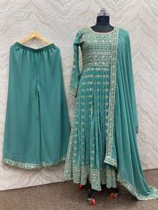 Readymade hint pullu işlemeli Sharara Gharara Kurti seti, Georgette kumaş, pakistan tasarımcı etnik giyim 3 adet Set - Product Image 3