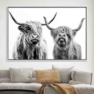 Highland Cow Canvas Print: <b>Black</b> & White Scottish Farmhouse Decor,WHITE <b>FRAMED</b> CANVAS - Product Image 1