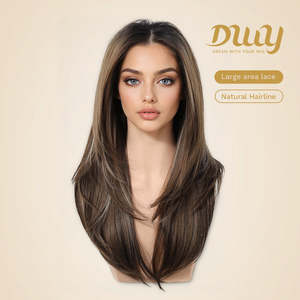 Perruque synthétique Amaris C-DWY sans colle, partie libre, 134 Lace Front, longue, lisse, marron avec mèches blondes - Product Image 2