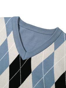 Suéter de Punto para Hombre, Estilo Y2K, Cuello en V, Manga Larga, Jacquard a Cuadros, Decoración con Logotipo, para Otoño e Invierno - Product Image 3