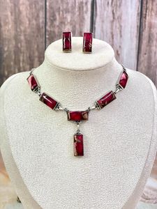 Elegante conjunto de joyería floral hecho a mano plata esterlina rojo rosa Dalia collar y pendientes rodio oro bisel ajuste para mujer - Product Image 3