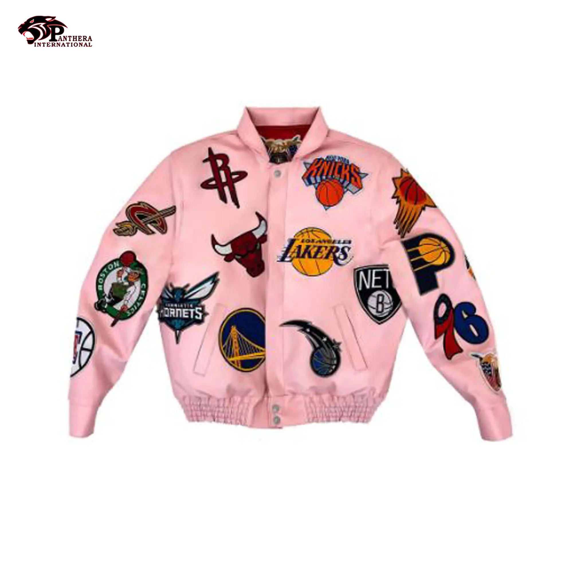 Pembe parlak bombacı ceket Unisex özelleştirilmiş etiket Varsity bombacı ceket