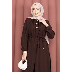 Ensemble tunique longue en crêpe et tweed marron pour femme, col mandarin à lacets, style bureau, blazer et pantalon, coupe ample pour l'été - Product Image 2
