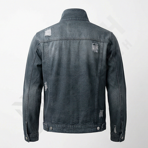 Custom Retro Faded Wash Vintage Zipper Hooded <b>Trucker</b> <b>Jacket</b> <b>Men's</b> Winter Denim Workwear Front Logo Position Fashion Outwear - Product Image 4