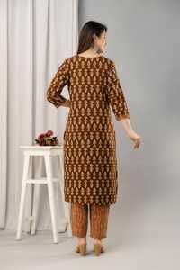 Conjunto de Kurta Estampada de Algodón Puro Marrón para Mujer con Pantalones, Estampado a Mano, Pantalón de Algodón Elegante con Traje de Algodón Puro - Product Image 3