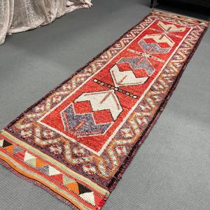 Vintage Turkish Herki <b>Runner</b> Rug 3x11.3 ft, <b>Red</b> Southwestern Rug Wool - Product Image 5