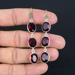 Precio de fábrica directo, granate facetado, pendientes de tres piedras, gancho de Plata de Ley 925, Pendientes colgantes de alambre, regalo de cumpleaños - Product Image 1