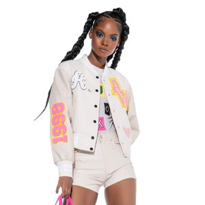 Chaqueta universitaria de algodón azul personalizada para mujer, chaqueta de béisbol acolchada con mangas largas para primavera y otoño, transpirable, OEM - Product Image 1