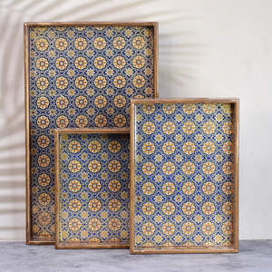 Bandeja de madera para servir, Juego de 3 bandejas de flores esmaltadas a prueba de agua, juego de bandejas de café, tamaño 15x11x2 pulgadas - Product Image 1