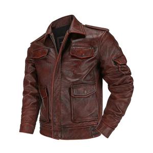 Chaqueta de piel de vaca de capa superior, chaqueta de bombardero de ocio con cuello levantado a la moda, corta Vintage de cuero genuino 100% para hombre - Product Image 1
