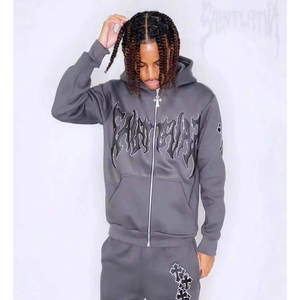 Puff Print Custom Logo Flare Sweatsuit Chándal para hombre 100% algodón Fleece Raw Hem Hooded Flared Sweatsuit Men Zip Up Sweatsuit - Product Image 4