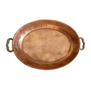 <b>Round</b> Shaped Hammered Metal Pure Copper <b>Serving</b> <b>Tray</b> with Sided Handle - Product Image 6