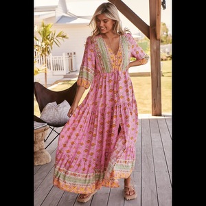 OEM Custom Summer <b>Beach</b> Girls Floral Print Boho <b>Long</b> Rayon Ruffles Casual V-Neck Sexy Boho Maxi Plus <b>Dress</b> Robe Femme - Product Image 1
