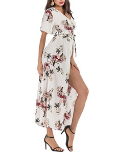 Robe d'été trapèze mi-longue en mousseline florale, sexy et accrocheuse, avec fente, manches courtes, col en V et ceinture à la taille – Collection 2025 – Offre Spéciale - Product Image 2