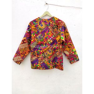 Veste Kantha Vintage faite à la main manteau brodé en cuir de peau de mouton Unique avec miroir indien travail coton remplissage inspiré Kimono - Product Image 3