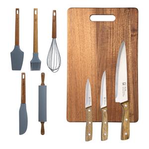 Ensemble de cuisine 9 pièces : 3 couteaux en acier inoxydable + 5 ustensiles en silicone et en bois + planche à découper 40x25cm NOIA San Ignacio - Product Image 1