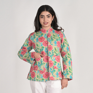 Handmade Quilted Floral Print Cotton <b>Jacket</b> Mandarin Collar Full Sleeve Spring Women's Outerwear for Christmas Gift - Product Image 1