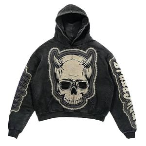 Venta al por mayor 100% algodón 3D patrón hombres pulóver con capucha Vintage ácido lavado personalizado desgastado de gran tamaño de la fábrica - Product Image 5