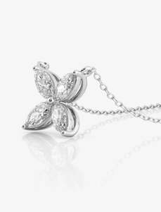 Collar con Colgante de Plata de Ley 925 y Oro Blanco Puro de 14K con Cuatro Diamantes de Laboratorio con Corte Marquesa y Diseño Floral para Mujer, Gran Venta - Product Image 2