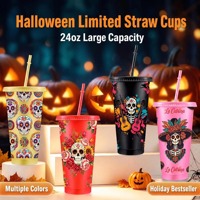 Gobelet en plastique réutilisable de 24 oz pour fête d'Halloween avec couvercle et paille, motif fantôme, crâne, citrouille, pour cadeaux de fête ODM
