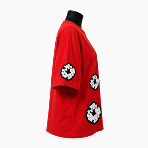 Camiseta Roja Extra Grande para Mujer, de Algodón, Corte Holgado, Cuello Redondo, Manga Corta, Bordado Floral, para Todas las Temporadas, Estilo Casual - Product Image 4