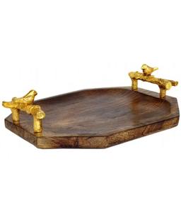 Bandeja de servicio de madera con mango de metal Características decorativas de latón de acero inoxidable para uso doméstico - Product Image 1