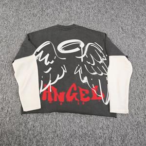 Patchwork brodé double couche à manches longues T-shirt en coton Boxy Rhinestone tShirt pour hommes - Product Image 6