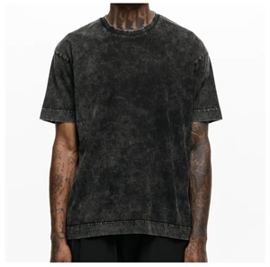 Gros poids lourd Vintage noir imprimé grands t-shirts graphiques lavage à l'acide T-shirt hommes surdimensionné chemises à col rond - Product Image 1
