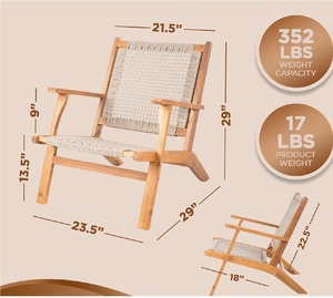 Mid Century <b>Reclining</b> Armchair Comfortable Acacia Wood Patio Lawn & Garden Backyard <b>Chair</b> Hand Woven Seat Natural Stain <b>Outdoor</b> - Product Image 3