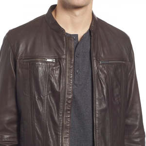 Trending High Quality Black Leather Jacket with Stand Collar Front Logo Vintage Style Winter Men's Leather Jackets Cheap Price - Product Image 4