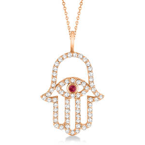 Collier pendentif Hamsa œil porte-bonheur en diamant et rubis, or rose 14 carats, zircon 0,51 ct, style tendance, plaqué rhodium, religieux orthodoxe, platine - Product Image 2
