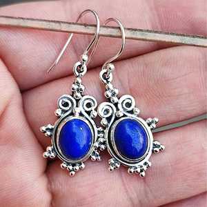 Boucles d'oreilles pendantes en argent sterling 925 faites à la main, pierre de naissance de septembre Lapis Lazuli, bijoux en pierre précieuse naturelle ovale, accessoire de mode - Product Image 6