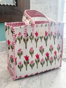 Bolso Tote de Moda Acolchado Floral de Algodón con Bordado, Cierre de Cremallera y Cadenas, Bolso Grande para Compras, Viajes Diarios y Playa - Product Image 3