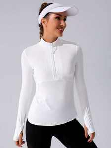 Vente en gros Vêtements de sport blancs à manches longues et demi-fermeture éclair pour femmes Pullover Haut de sport léger et respirant coupe ajustée Vêtements d'entraînement de gymnastique - Product Image 5