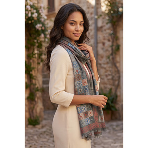 Chal de Pashmina Suave con Estampado Étnico para Mujer, Verde y Borgoña, 75 x 155 cm, Accesorio de Viscosa - Product Image 6