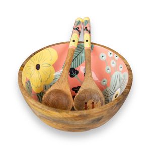 Ensemble de 3 bols classiques de qualité supérieure faits à la main et écologiques en bois de mangue Flower Melody avec cuillères de service - Product Image 1