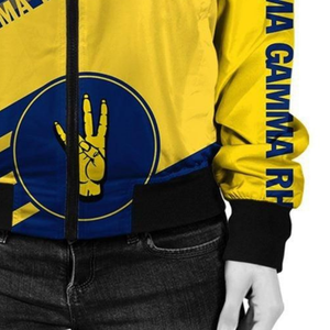 Chaqueta Universitaria de Satén Azul y Dorado SGRho Sigma Gamma Rho Griega 1922, Chaqueta Bomber para Mujer - Product Image 4