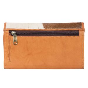 Speckly Luxury Tan White Cowhide Portefeuille à trois volets Fermeture à glissière Bouton Wristlet Fermetures Logo personnalisé Sacs à main avec pompon Polyester - Product Image 3