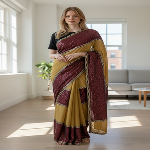 Colecciones Shubham, Saree Indio Auténtico de Calidad Superior, Color Verde Menta, con Bordado Floral y Diseño de Hojas, para Uso Diario - Product Image 4