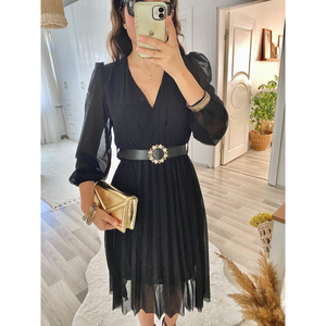 Robe midi évasée à col drapé en tissu mousseline doublée pour femme, 35833 - Noir - Product Image 6