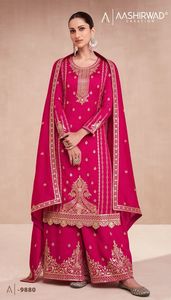 นักออกแบบล่าสุดลําดับการปักผ้าไหม Chinon หนักทํางานชุด plazzo โดยโซนแฟบ - Product Image 3