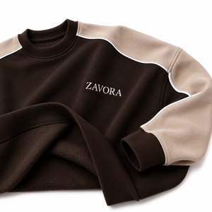 Brown Beige Colorblock Raglan Crew Neck <b>Men's</b> <b>Sweatshirt</b> Contrast Panel <b>White</b> Piping Relaxed Fit Ribbed Cuff Custom OEM Supplier - Product Image 4