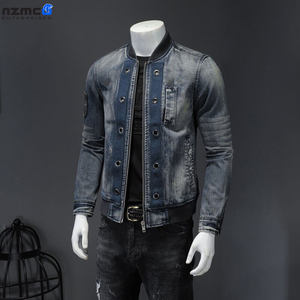 Chaqueta de mezclilla para hombre largo invierno Casual parche sin cuello bombardero piloto a prueba de viento - Product Image 4