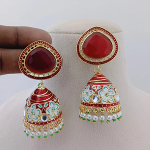 Conjunto de pendientes Meenakari Bloom Jhumkas, flores pintadas a mano, colección única de pendientes hechos a mano por artesanos de Silled para mujer - Product Image 1
