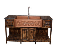 Évier de cuisine en cuivre à double cuvette de haute qualité avec finition antique Floral 50/50 Square Heavy Gauge Hammered Farmhouse Style Made India