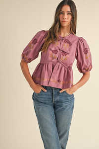 Blusa Bohemia Floral Vintage para Mujer, 100% Algodón Orgánico, Top con Peplum, Mangas Abullonadas, Lazo, Bordado, Ecológica y Transpirable - Product Image 4