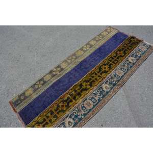 Tapis en laine Patchwork bleu brun traditionnel élevé 2.7 X 6.1ft fait à la main Vintage turc pour Boho chambre Rectangle couloir Latex - Product Image 2