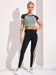 2 Piece Women's Workout Sets High Waist <b>Leggings</b> <b>Crop</b> Top Breathable Lightweight Seamless Solid Pattern Yoga Suit - Product Image 2