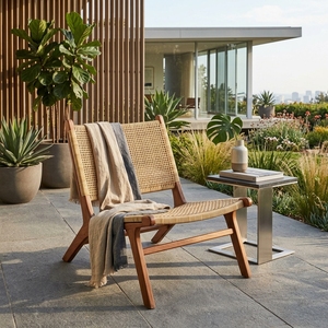 Chaise de jardin en bois de teck naturel avec assise en cannage, fauteuil bas pour terrasse, design artistique et pur pour l'aménagement extérieur - Product Image 3