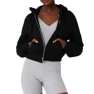 Wholesale Custom Logo Casual Cropped Hoodie <b>for</b> <b>Women</b> 100% Cotton Custom Logo Blank Plain Black Zip-up High Anti-Shrink Knitted - Product Image 1